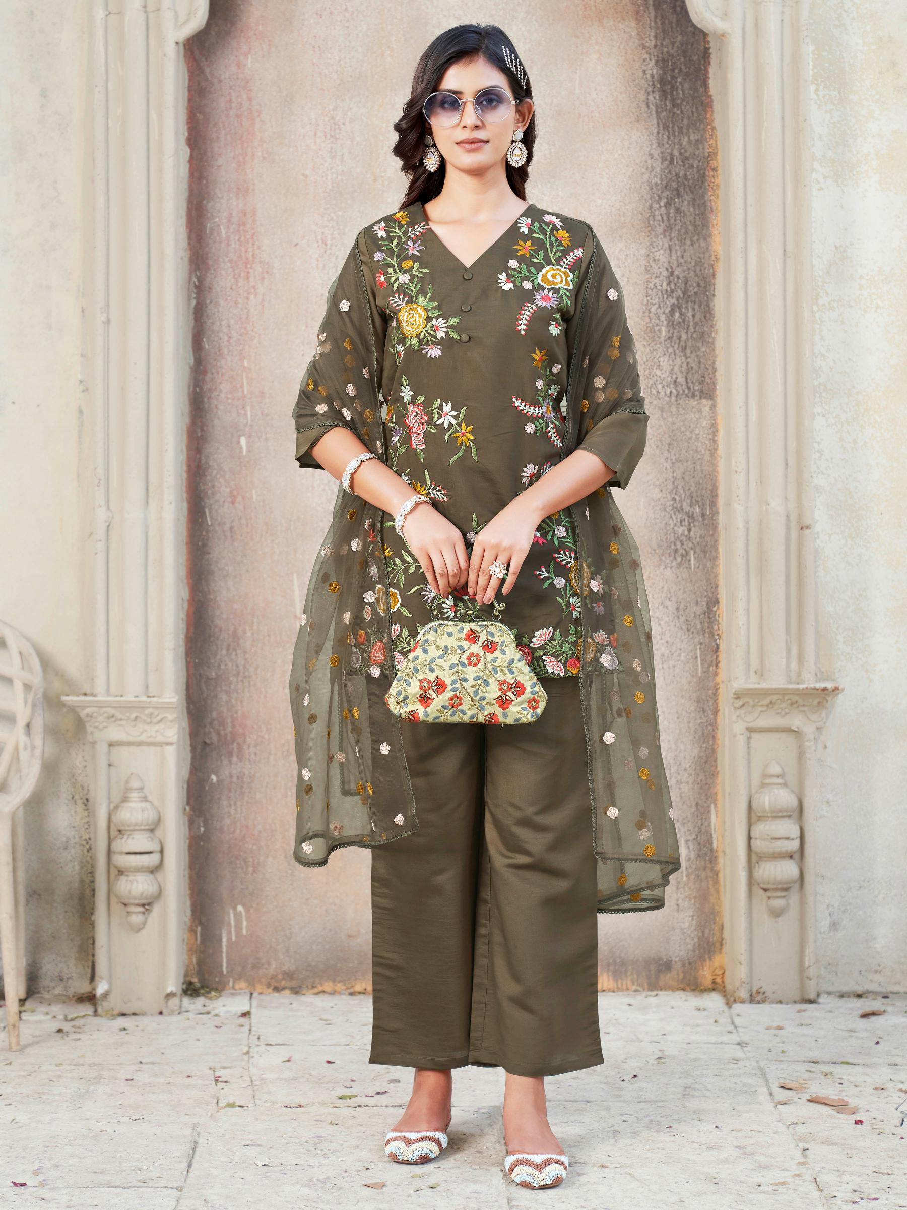 BROWN COLOR SILK BLEND WITH FLORAL THREAD EMBROIDERED V-NECK STRAIGHT KURTA SET